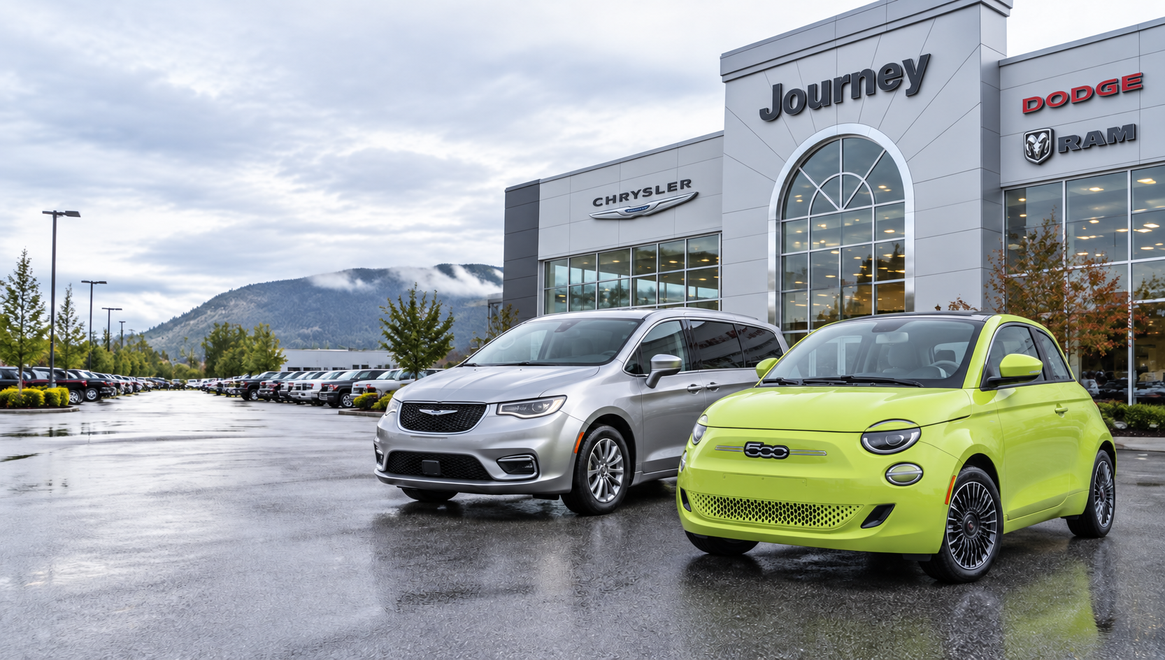 Green Fiat 500e and silver Grand Caravan outside Journey Chrysler
